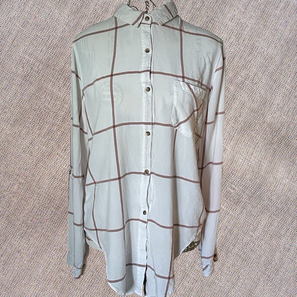 Thread & Supply Tunic Blouse Top Womens XS Beige High Low Button Up Long Sleeve